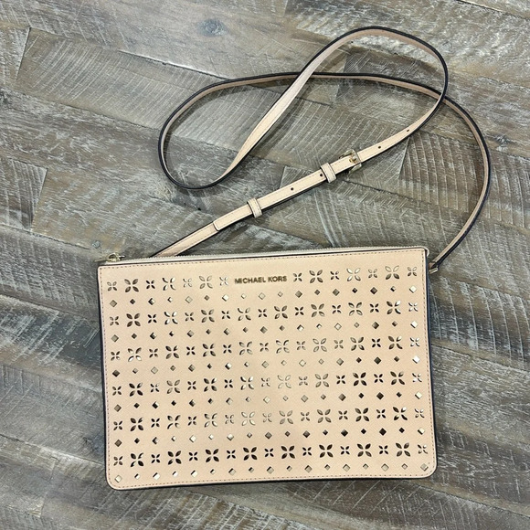 Michael Kors Handbags - Michael Kors Beige and Gold Perforated Leather Crossbody or Clutch